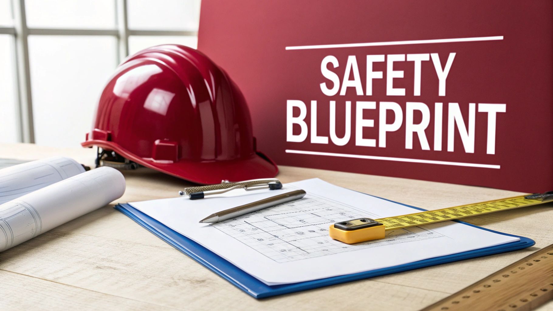 A red hard hat, blueprints, and tools on a desk with a 'Safety Blueprint' sign.