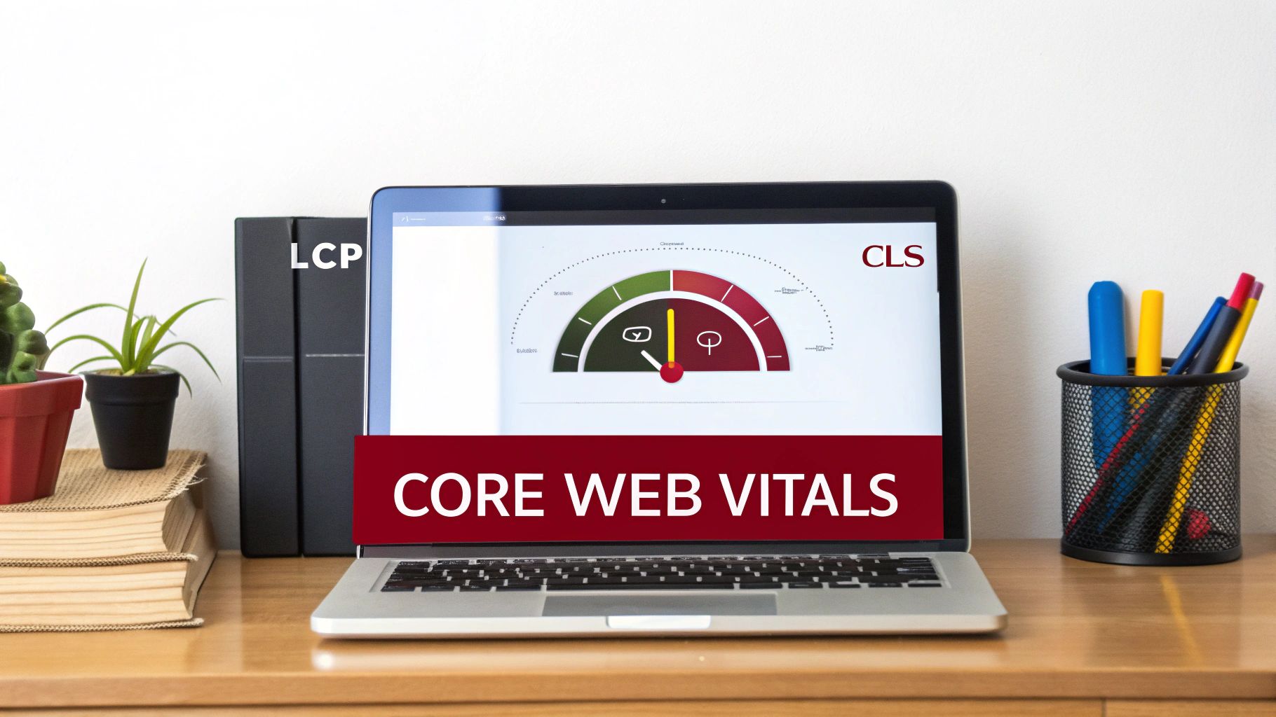 A laptop on a wooden desk displays a 'Core Web Vitals' presentation with a performance gauge.