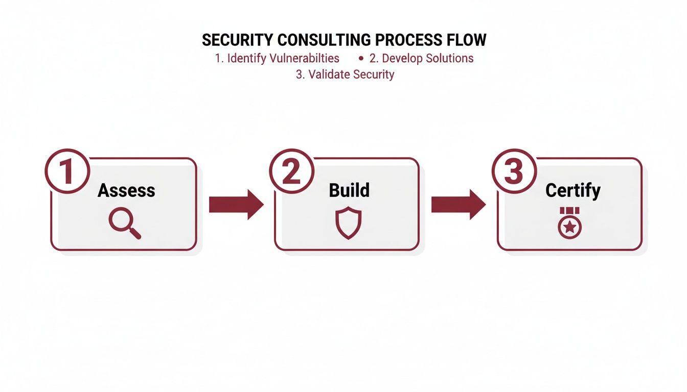 A three-step security consulting process flow diagram: Assess, Build, and Certify stages.