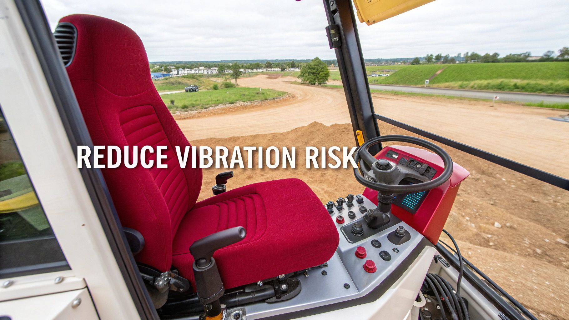 Interior view of a heavy machinery cab with a red driver's seat and steering wheel. Text: REDUCE VIBRATION RISK.