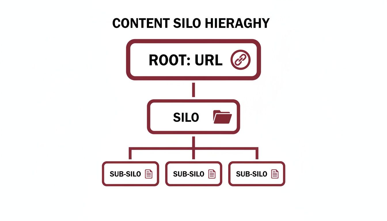 A content silo hierarchy diagram showing a root URL, leading to a silo, and then branching into three sub-silos.