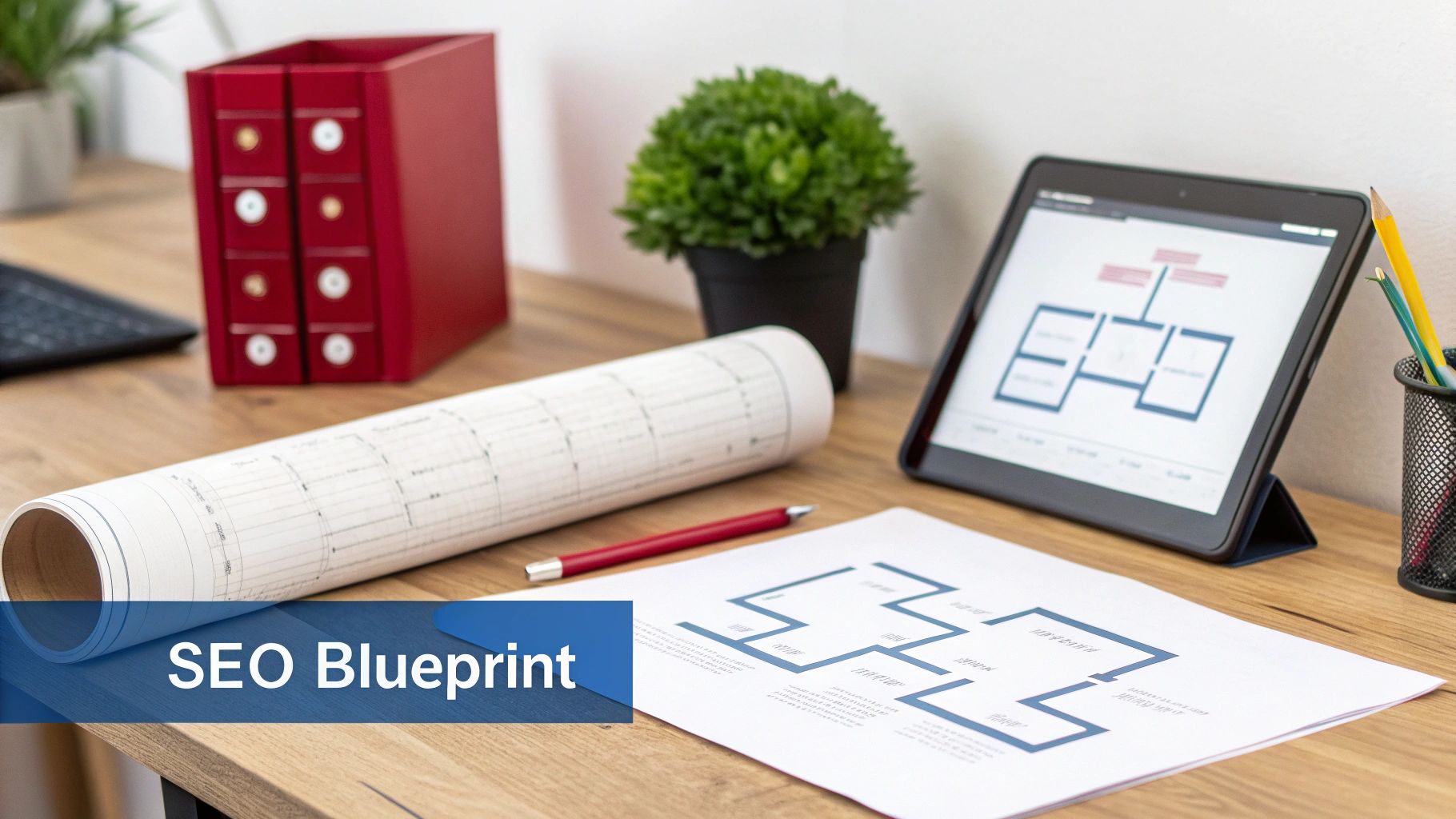 A desk with an 'SEO Blueprint' document, rolled blueprints, a tablet showing a diagram, and office supplies.