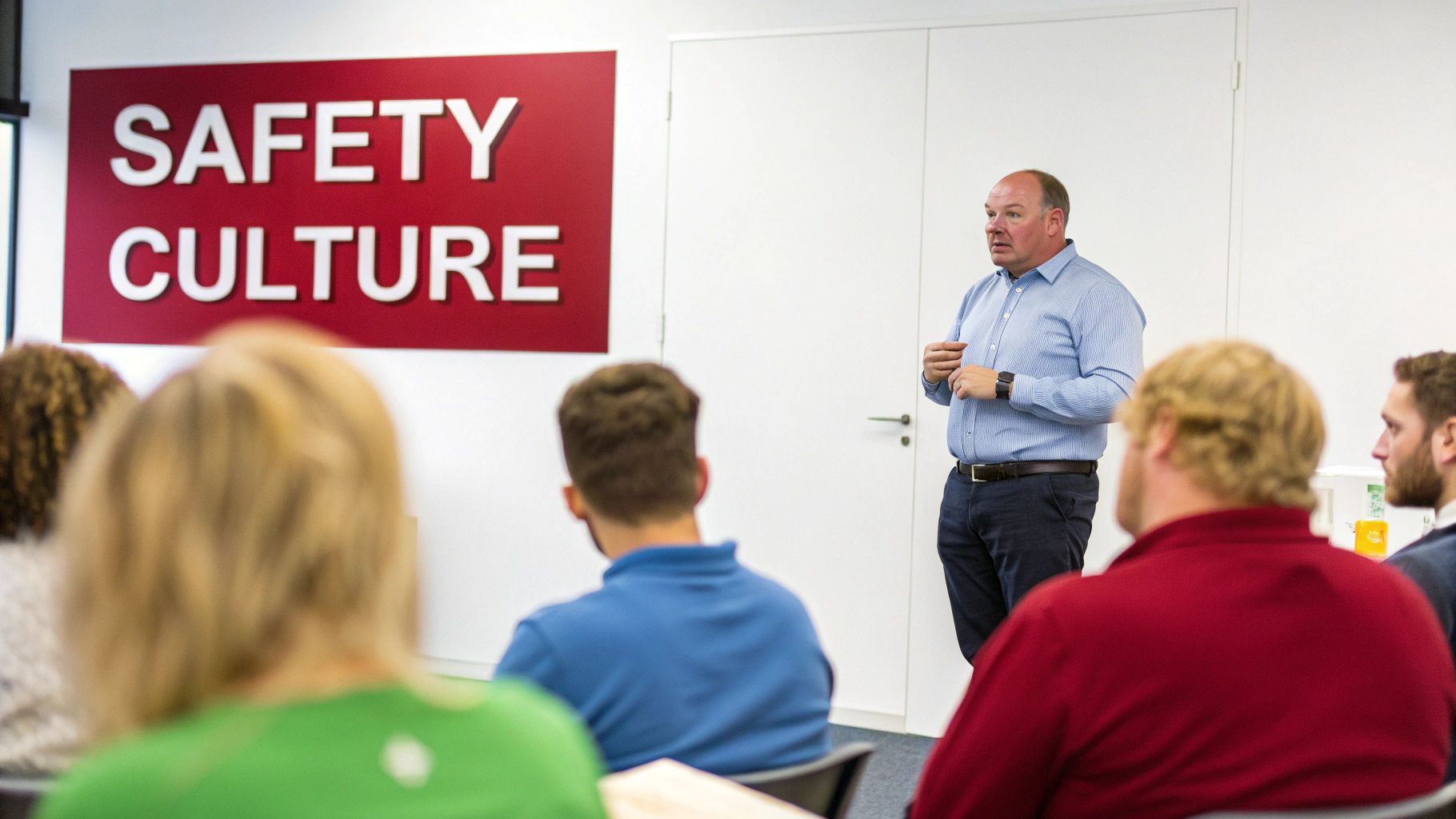 A man in a blue shirt presents about safety culture to an audience in a bright room.