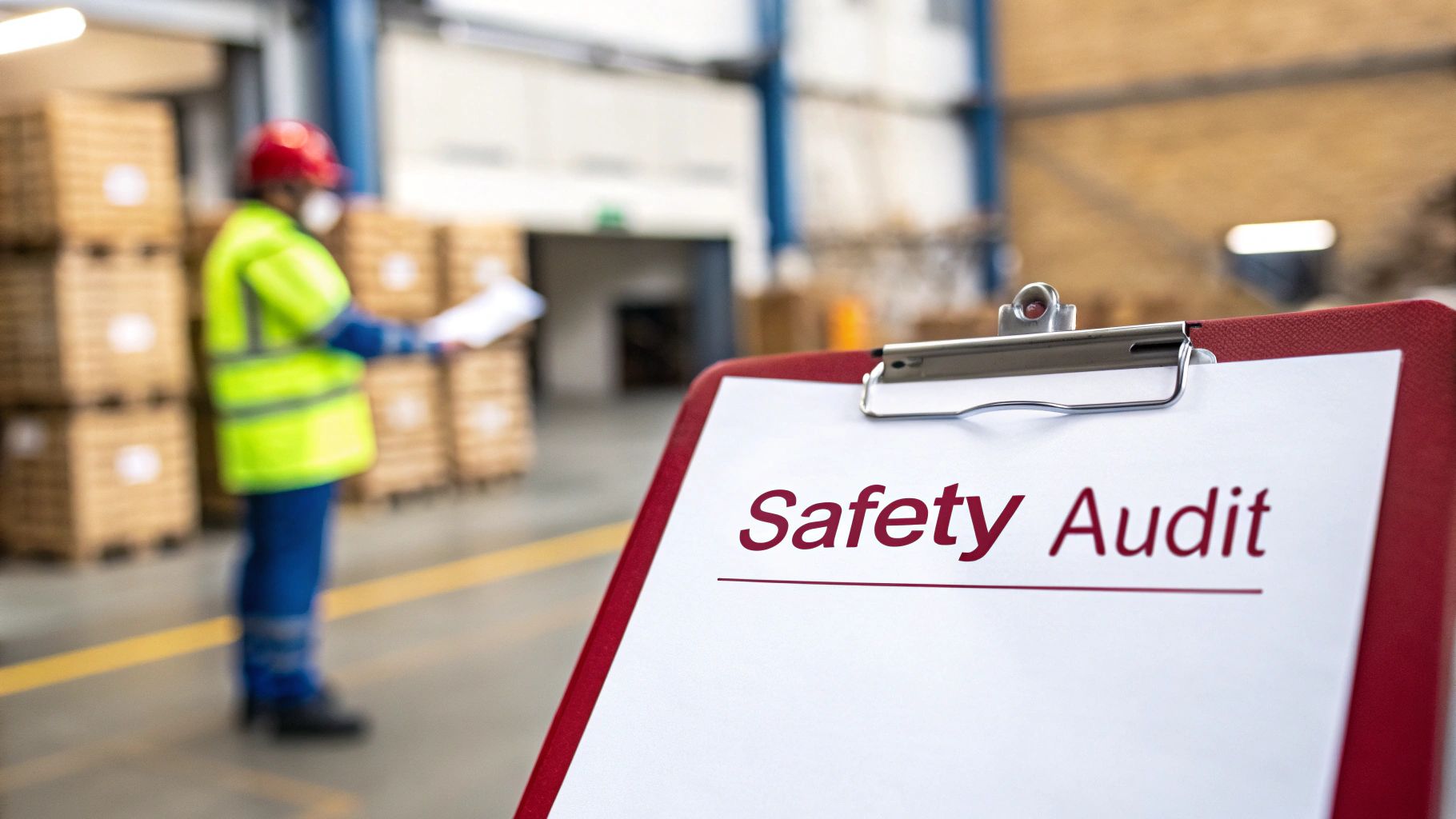 A clipboard with 'Safety Audit' in focus, a blurred worker in PPE inspects a warehouse.