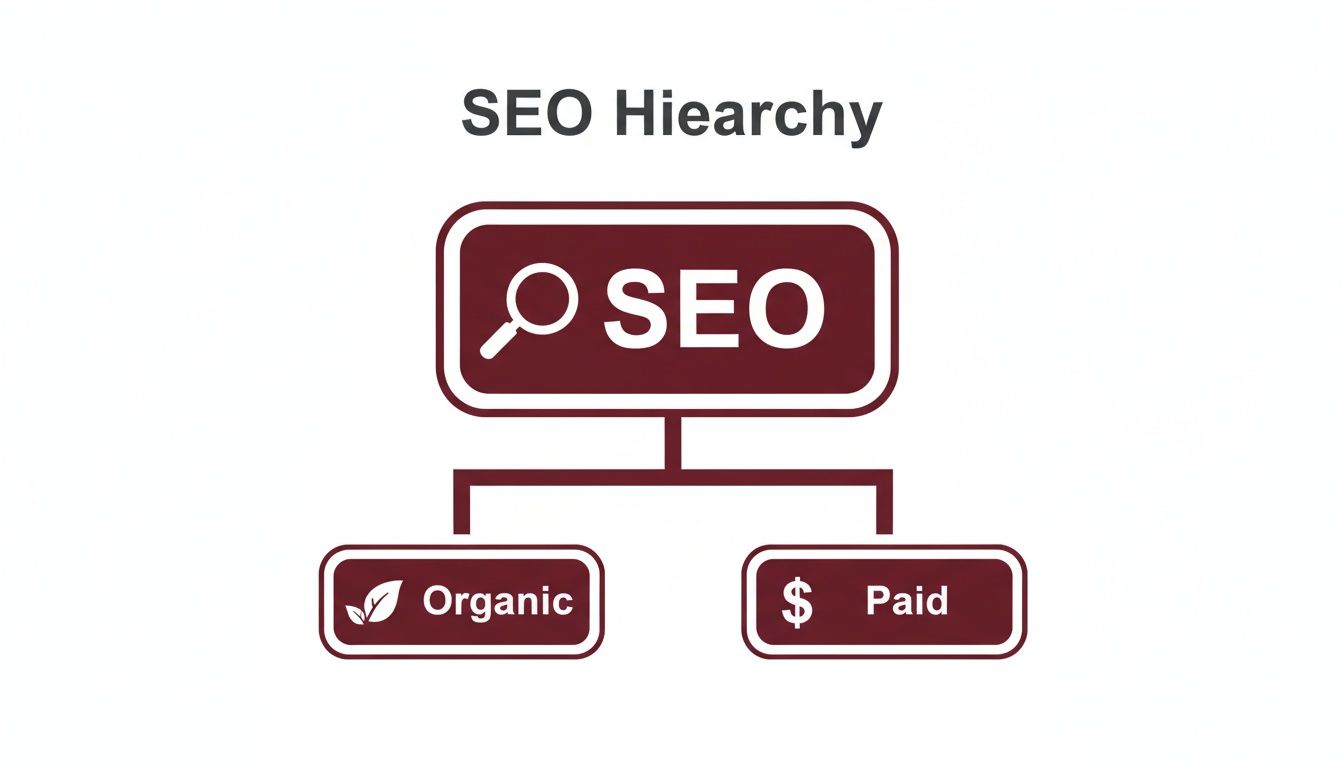 A diagram illustrating the SEO hierarchy, showing SEO broken down into organic and paid components.