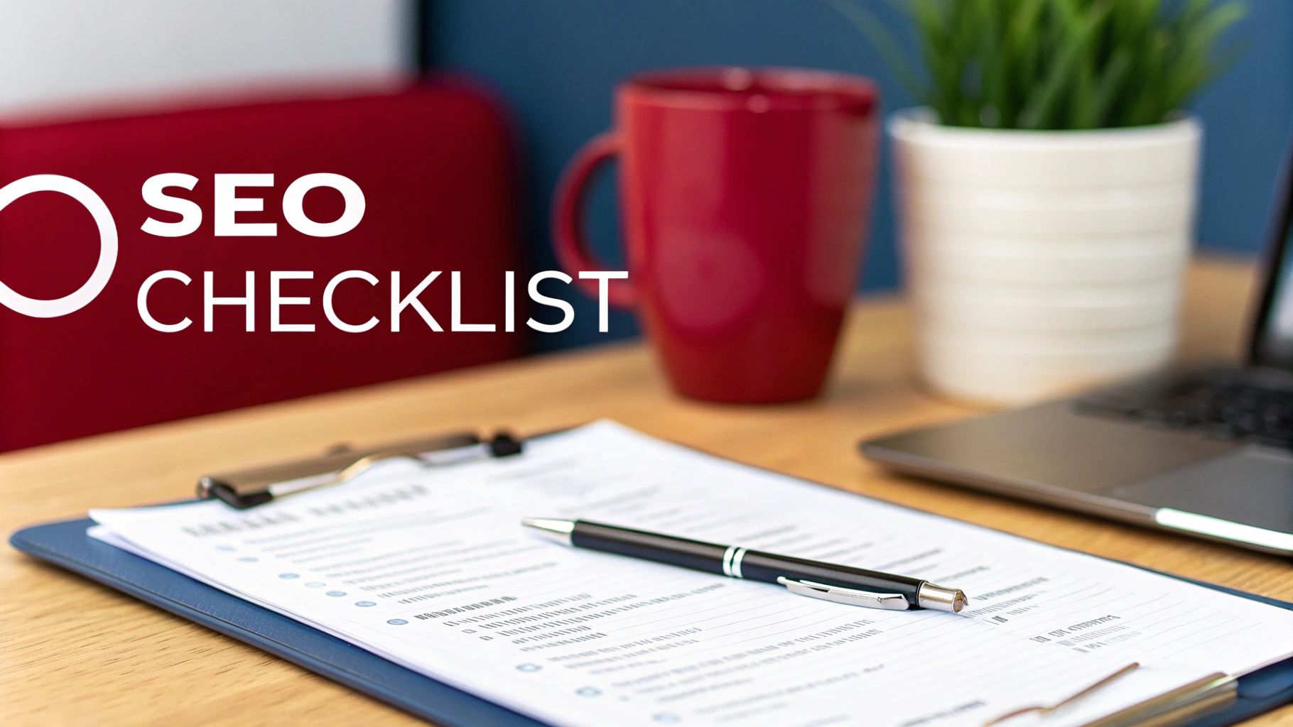 A desk with a "SEO CHECKLIST" text overlay, a clipboard with a pen, a red mug, and a laptop.