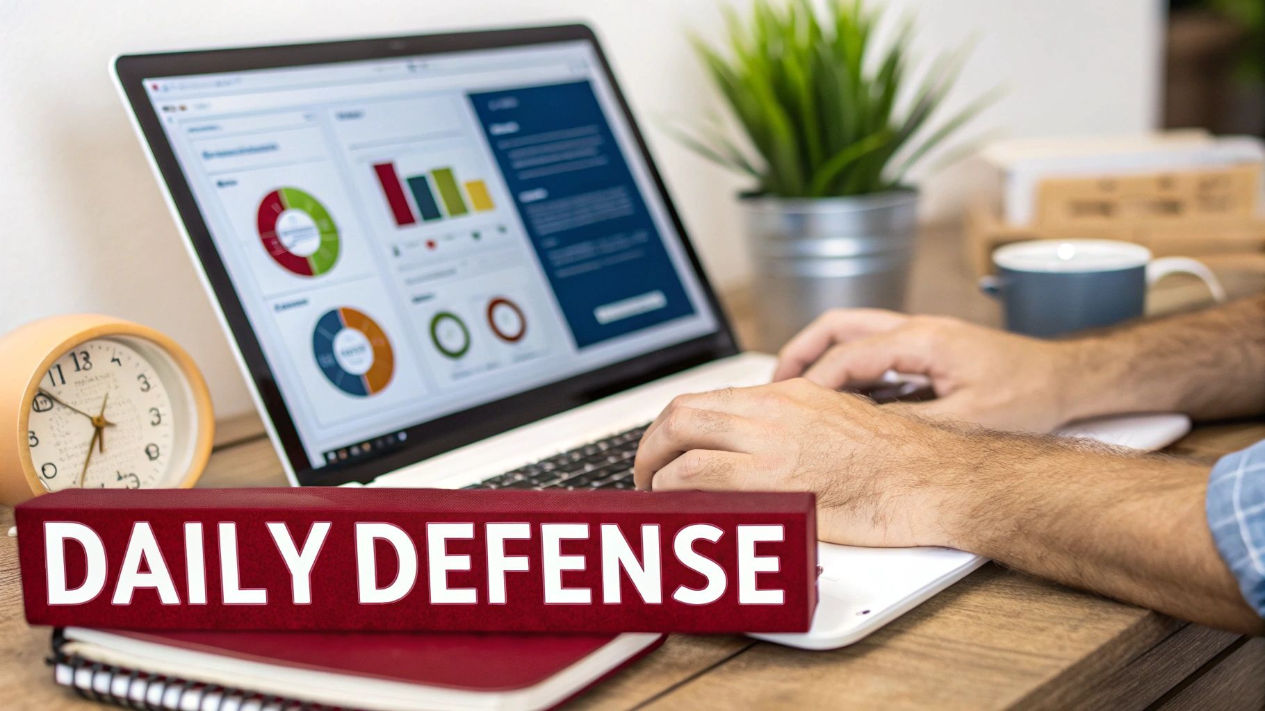 Hands of a cyber security analyst typing on a laptop displaying data charts, emphasizing daily defence tasks.