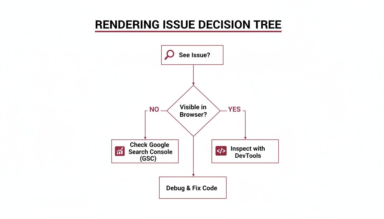Flowchart for diagnosing rendering issues, checking browser visibility, Google Search Console, or DevTools.