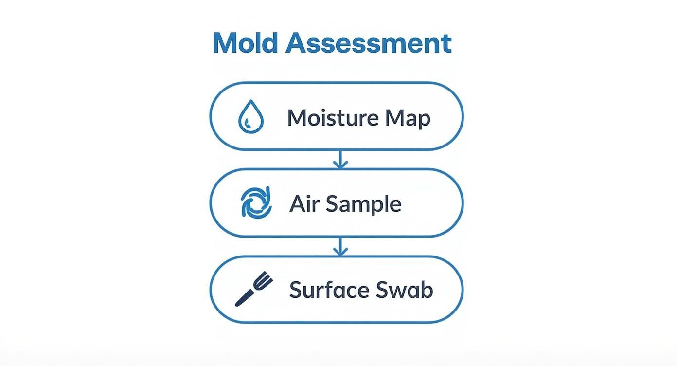 Infographic showing the hierarchy of mould assessment techniques including moisture mapping, air sampling, and surface swabs.