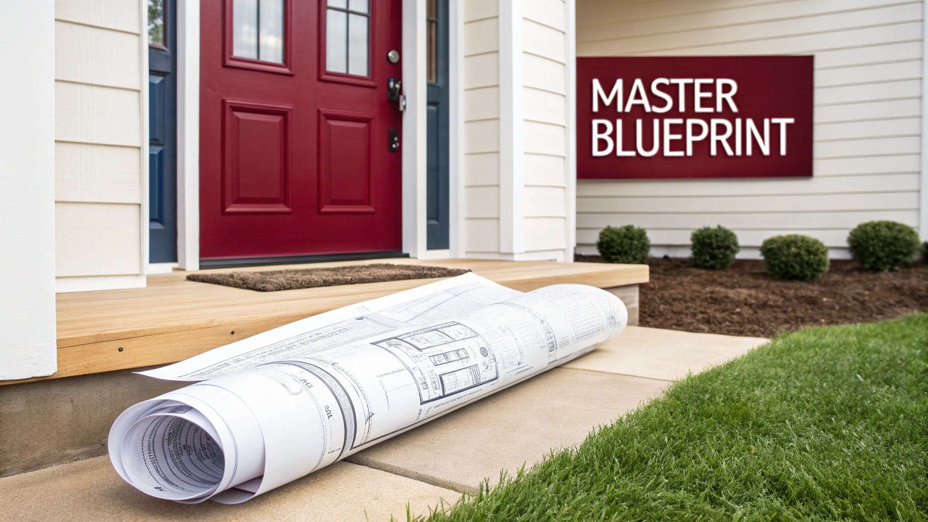 A rolled architectural blueprint on a concrete path in front of a house with a red door and a "MASTER BLUEPRINT" sign.