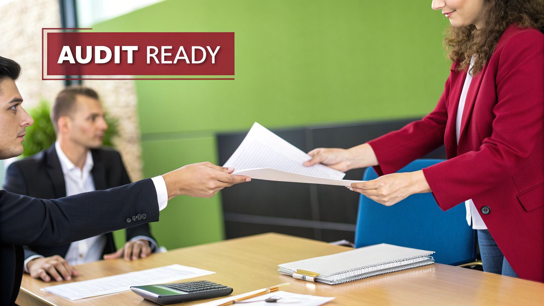 An auditor reviewing documents with a business owner in a calm, professional setting, representing a confident audit process.