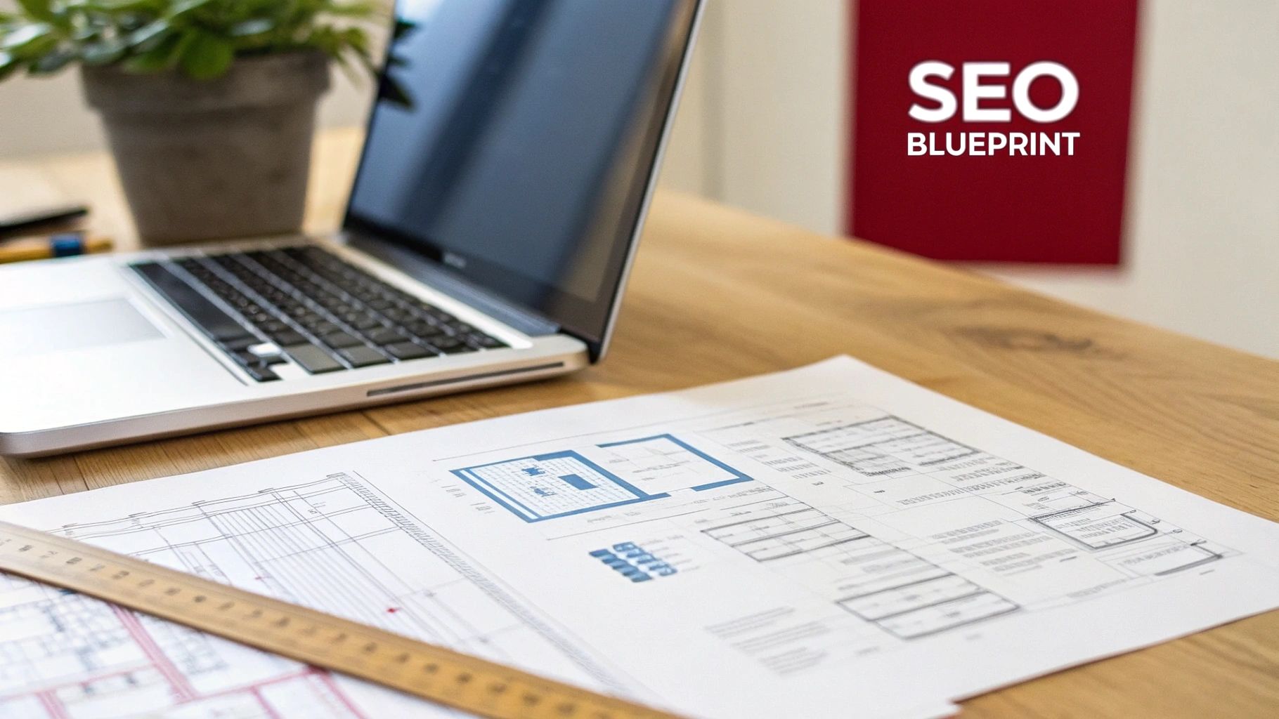 A desk with a laptop, blueprints, and a ruler, beside a red sign saying 'SEO BLUEPRINT'.