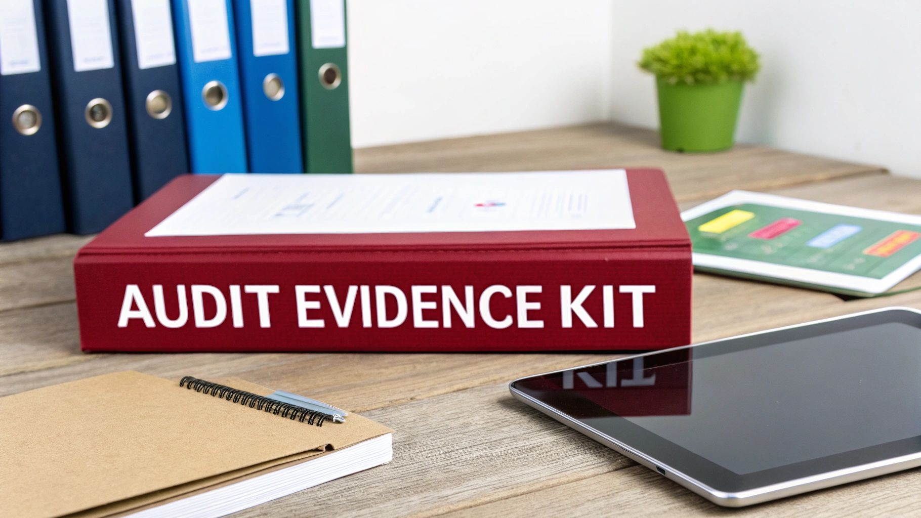 A red 'AUDIT EVIDENCE KIT' box on a wooden desk with binders, tablets, and a notebook.