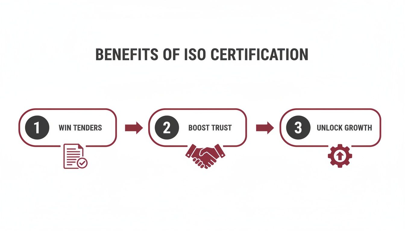 Infographic outlining three key benefits of ISO certification: winning tenders, boosting trust, and unlocking growth.