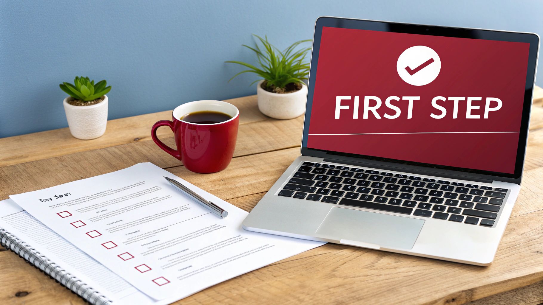 A laptop displaying 'FIRST STEP' and a checkmark on a wooden desk with coffee, plants, and a checklist.