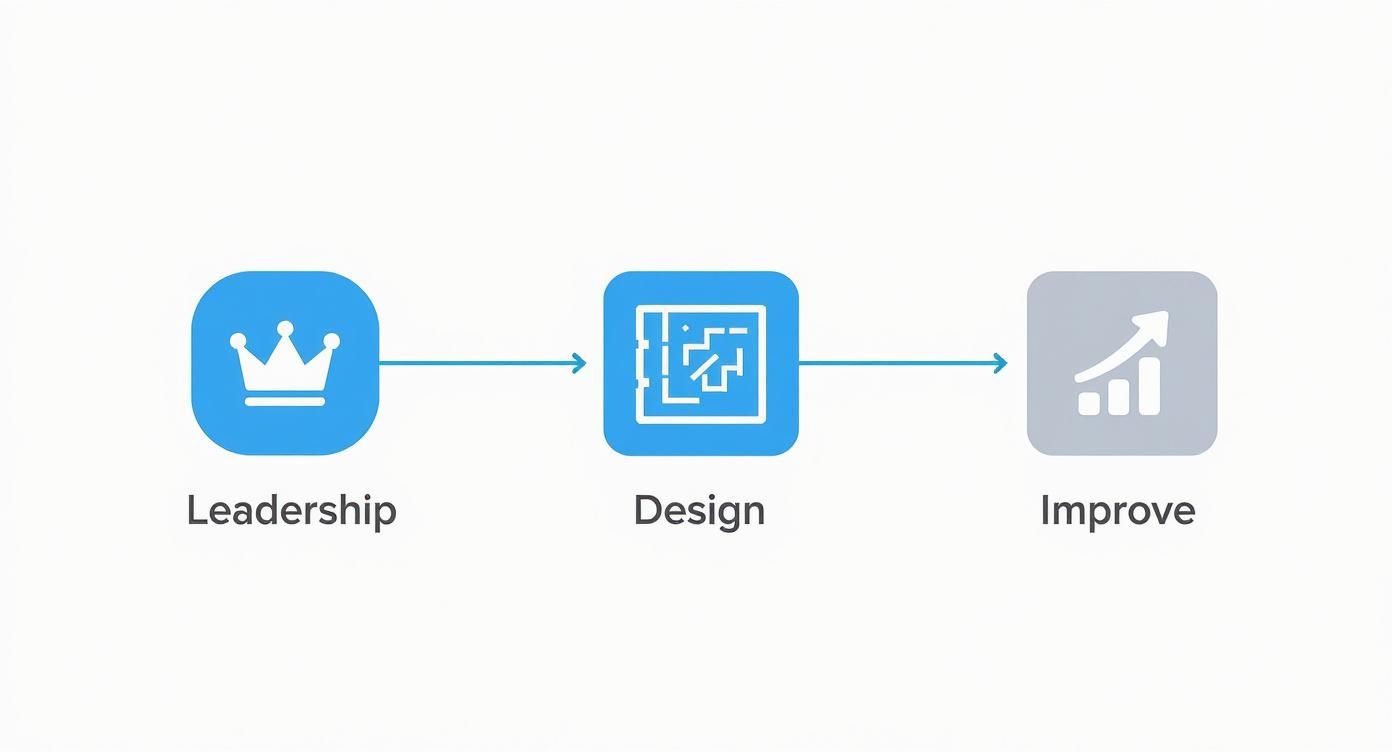 Leadership, design, and improve process flow diagram with crown, blueprint, and growth chart icons