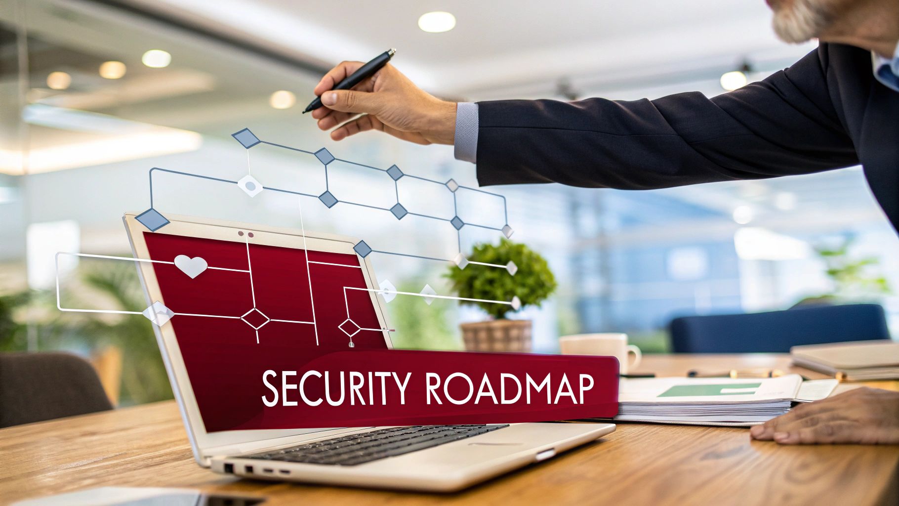 A team of professionals collaborating on a cyber security roadmap in a modern office.