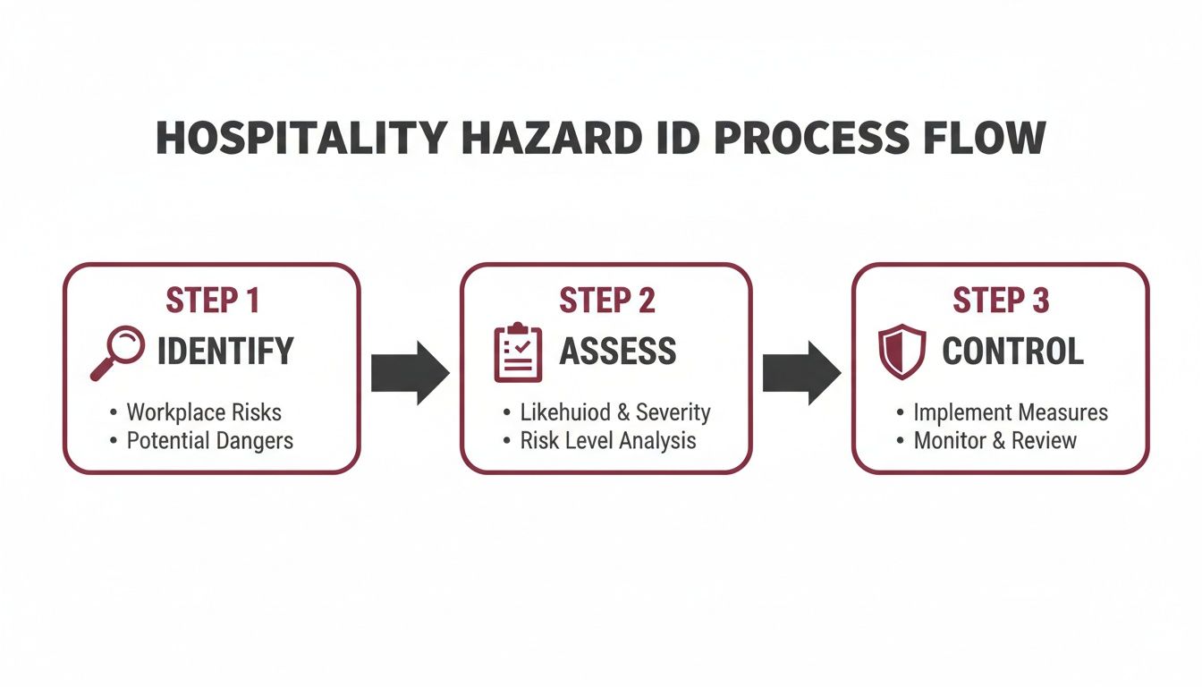Flowchart illustrating the three-step hospitality hazard identification process: Identify, Assess, and Control workplace risks.
