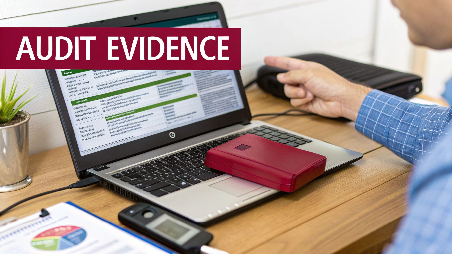 A person reviews digital audit evidence on a laptop, with an external hard drive on the keyboard.