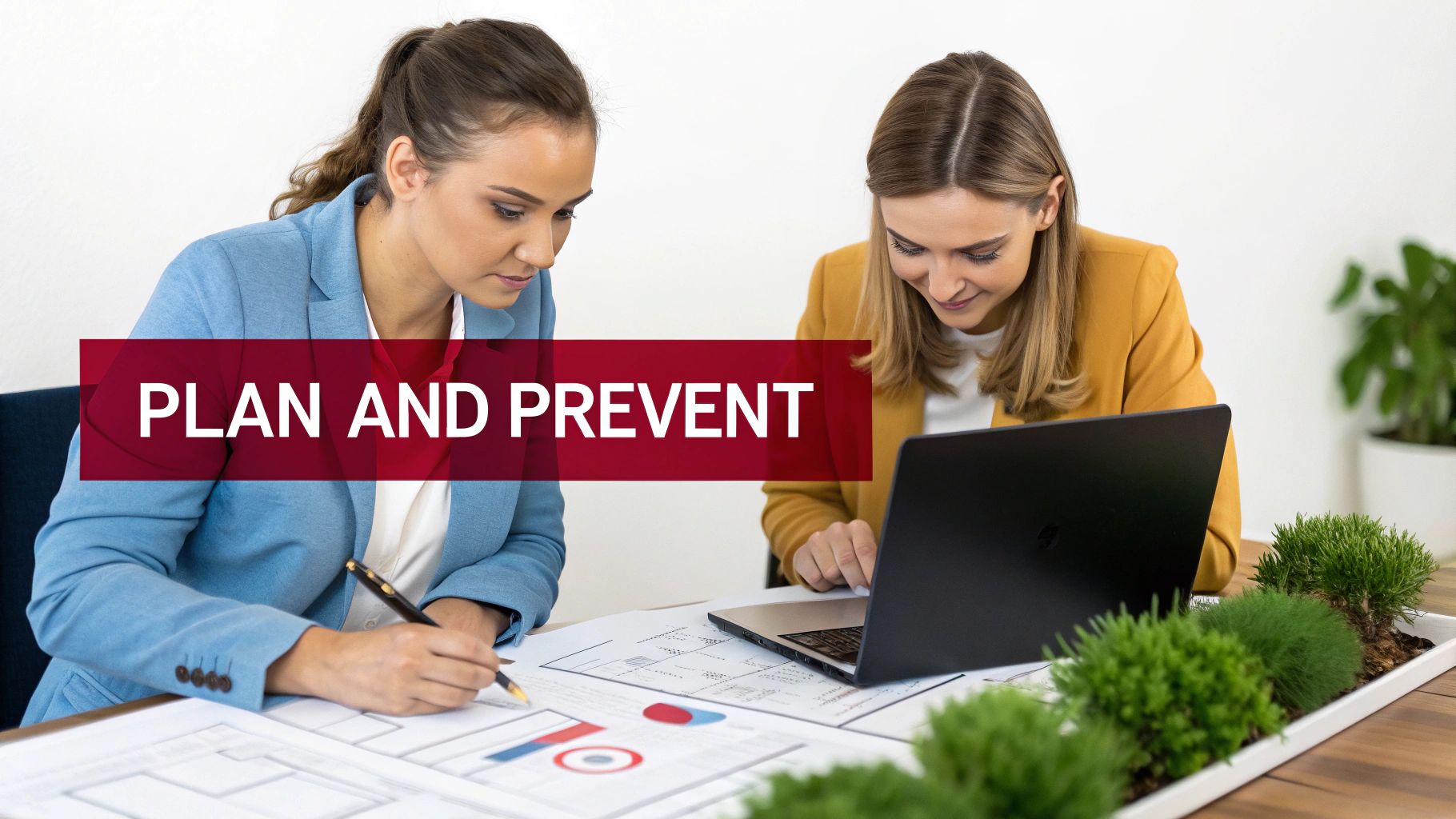 Two women working collaboratively at a desk, one writing on plans, the other using a laptop, with text 'PLAN AND PREVENT'.