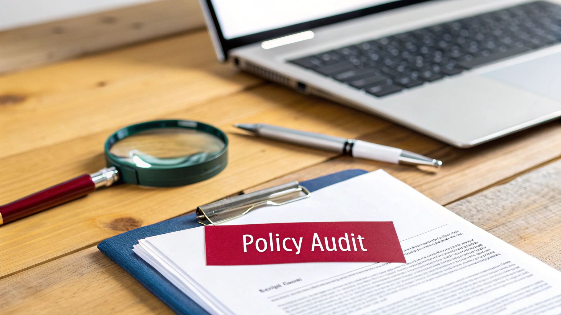 Overhead view of a desk with a laptop, magnifying glass, pen, and documents labeled 'Policy Audit'.