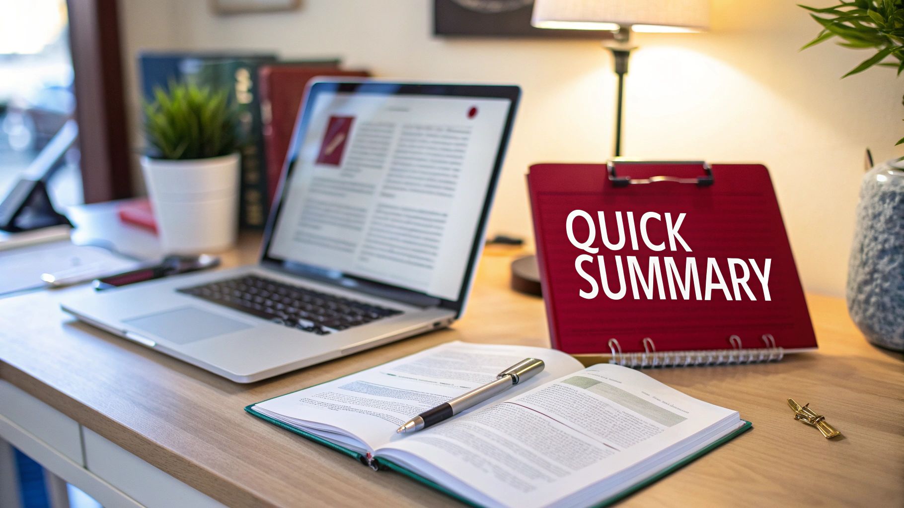 A work desk with a laptop, an open book with a pen, and a red 'QUICK SUMMARY' clipboard.