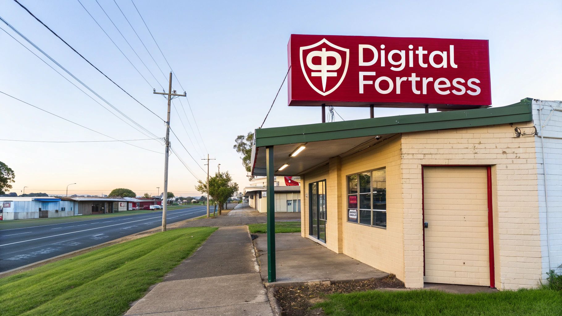 A red 'Digital Fortress' sign on a commercial building next to a street with power lines.
