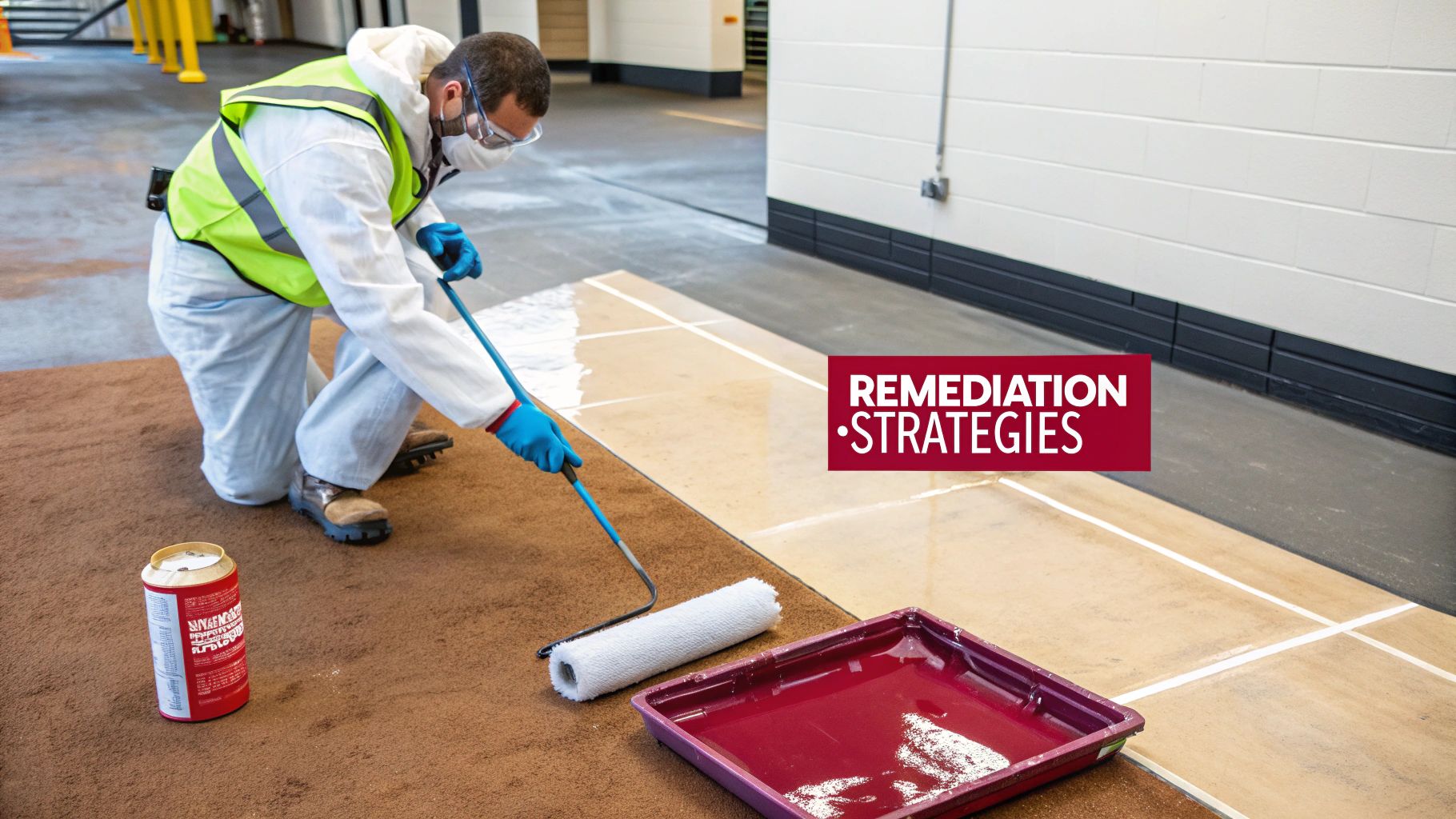 Worker in protective gear applying remediation liquid with a roller to a large floor surface.