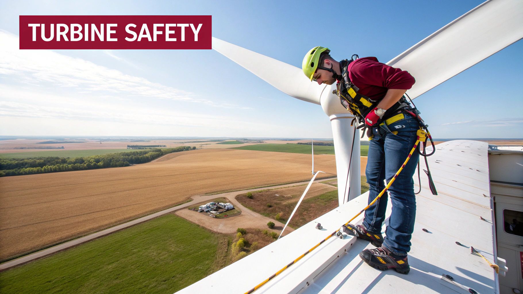 A technician in safety gear on top of a wind turbine, looking down at fields and sky.