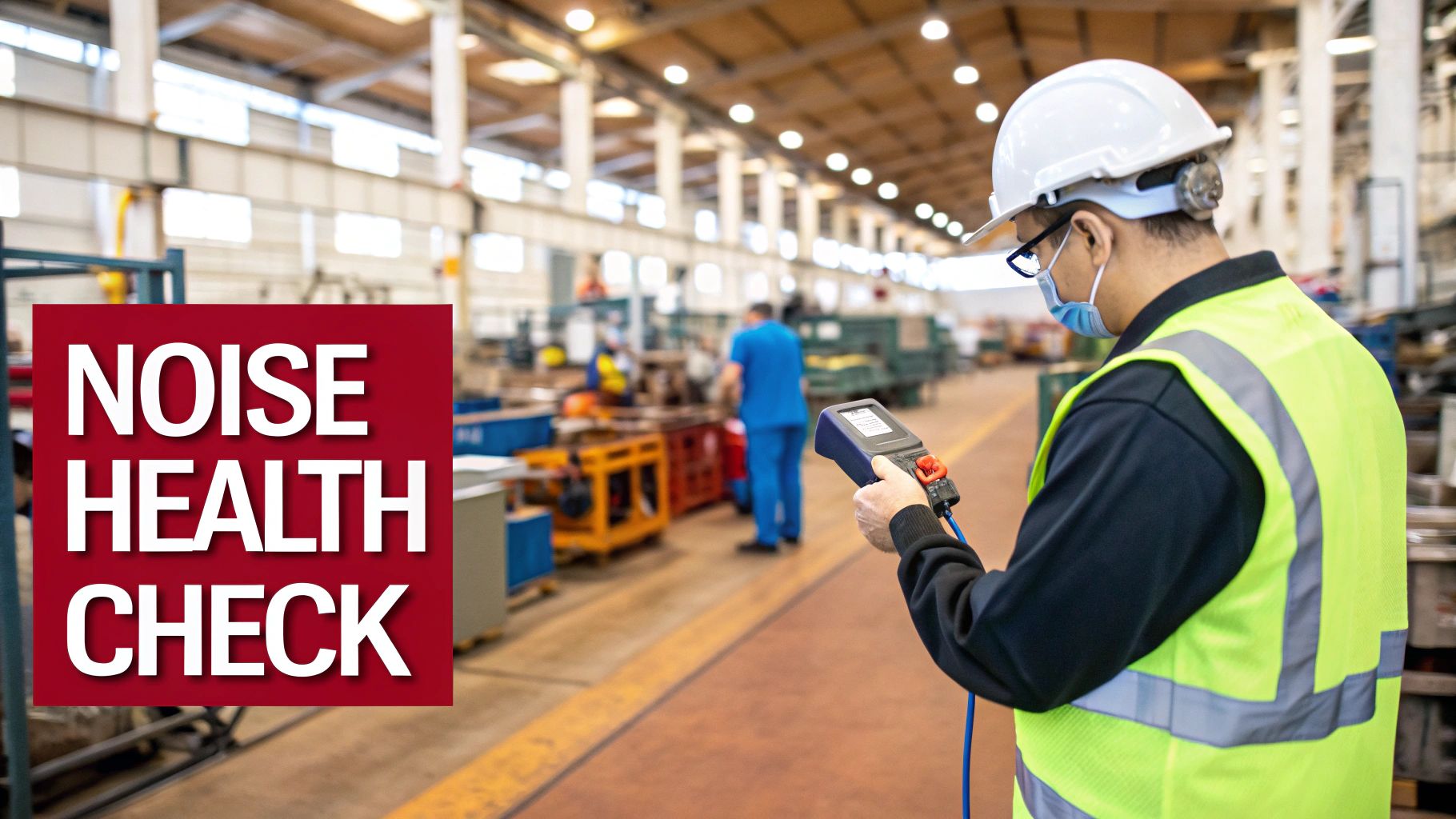 A professional conducting an industrial noise survey with a sound level meter in a factory setting.