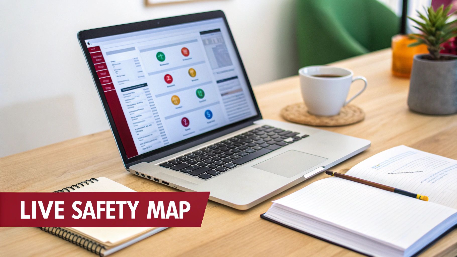 Laptop displaying a safety dashboard with icons, coffee, and notebooks on a wooden desk with 'LIVE SAFETY MAP' text.