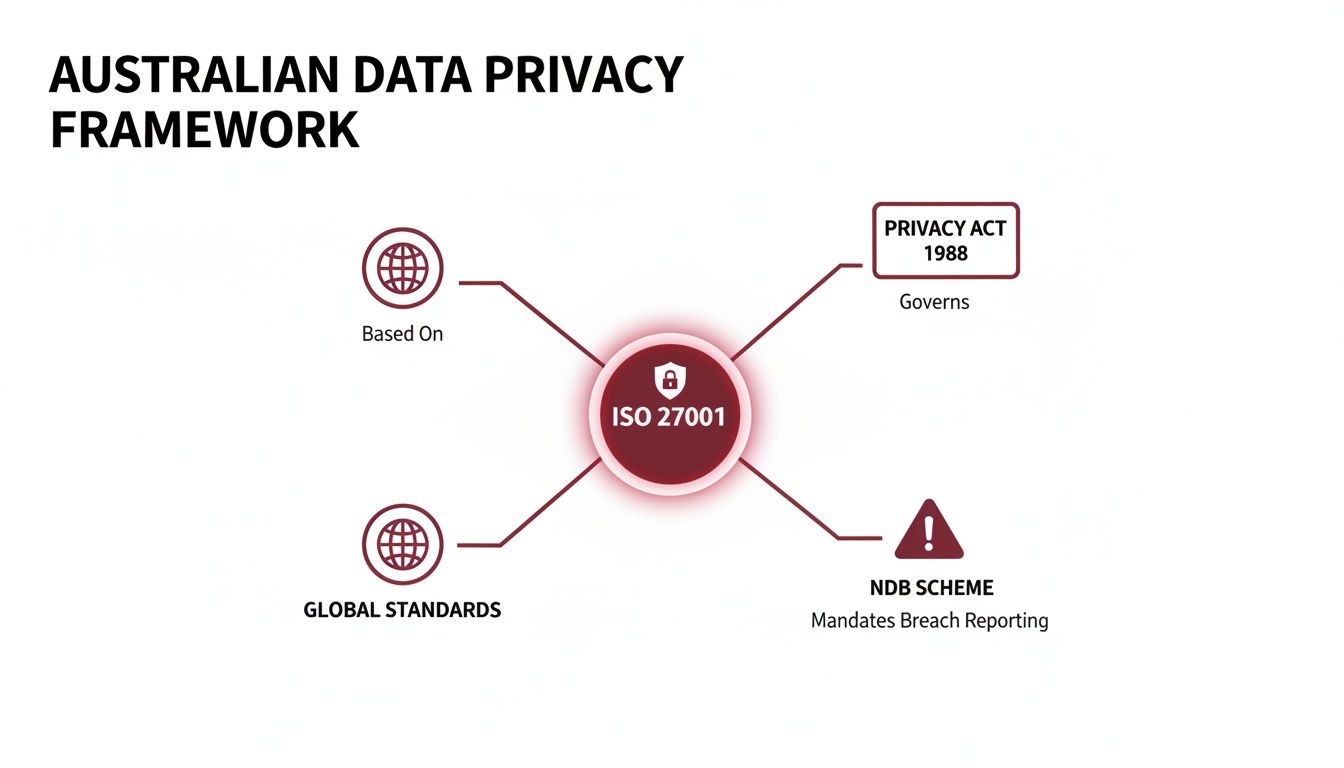 Diagram showing ISO 27001 as the core of the Australian Data Privacy Framework, based on global standards and governed by Privacy Act 1988 and NDB Scheme.