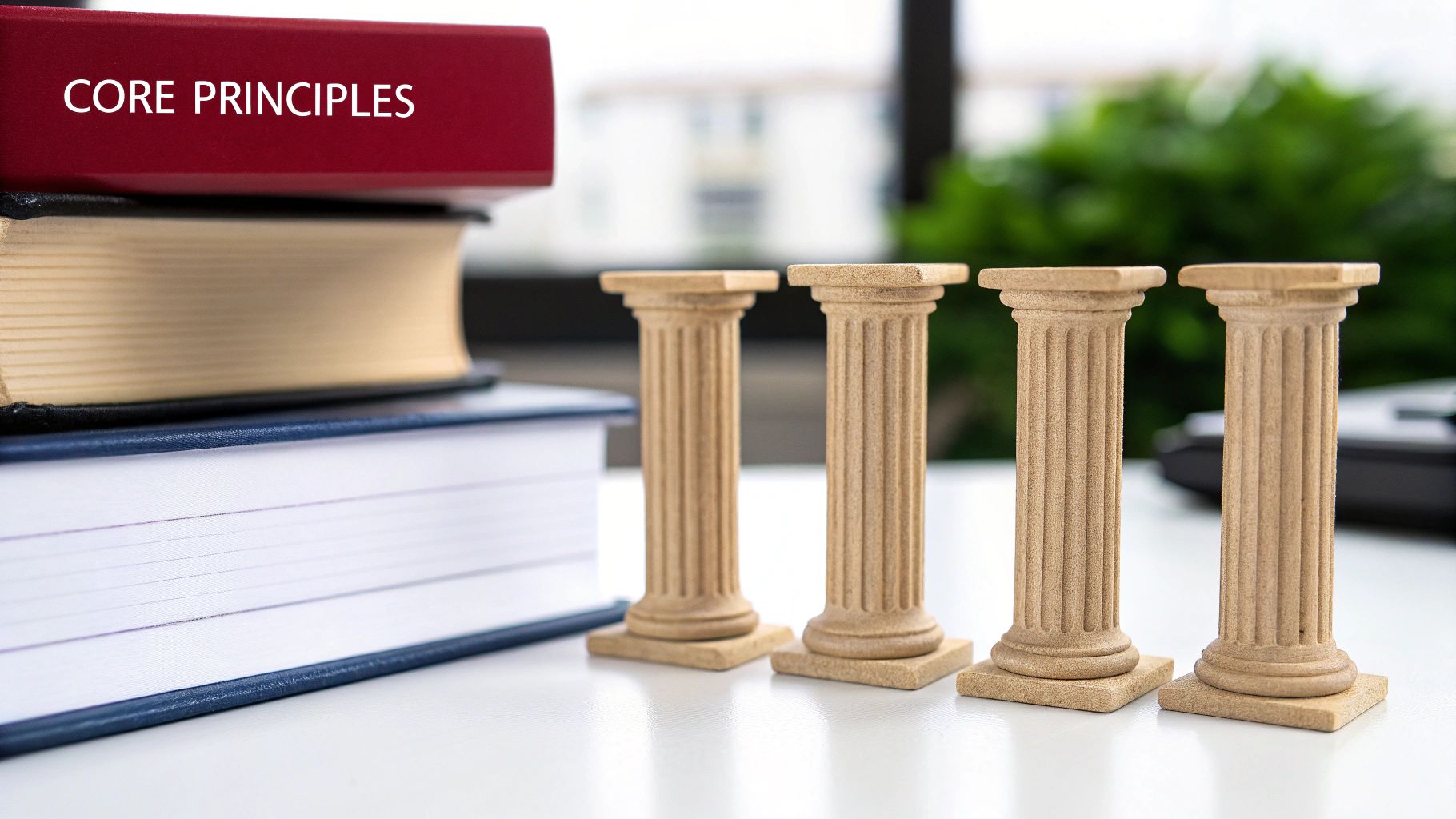 Four wooden pillars representing core principles foundation with books and notepad on desk