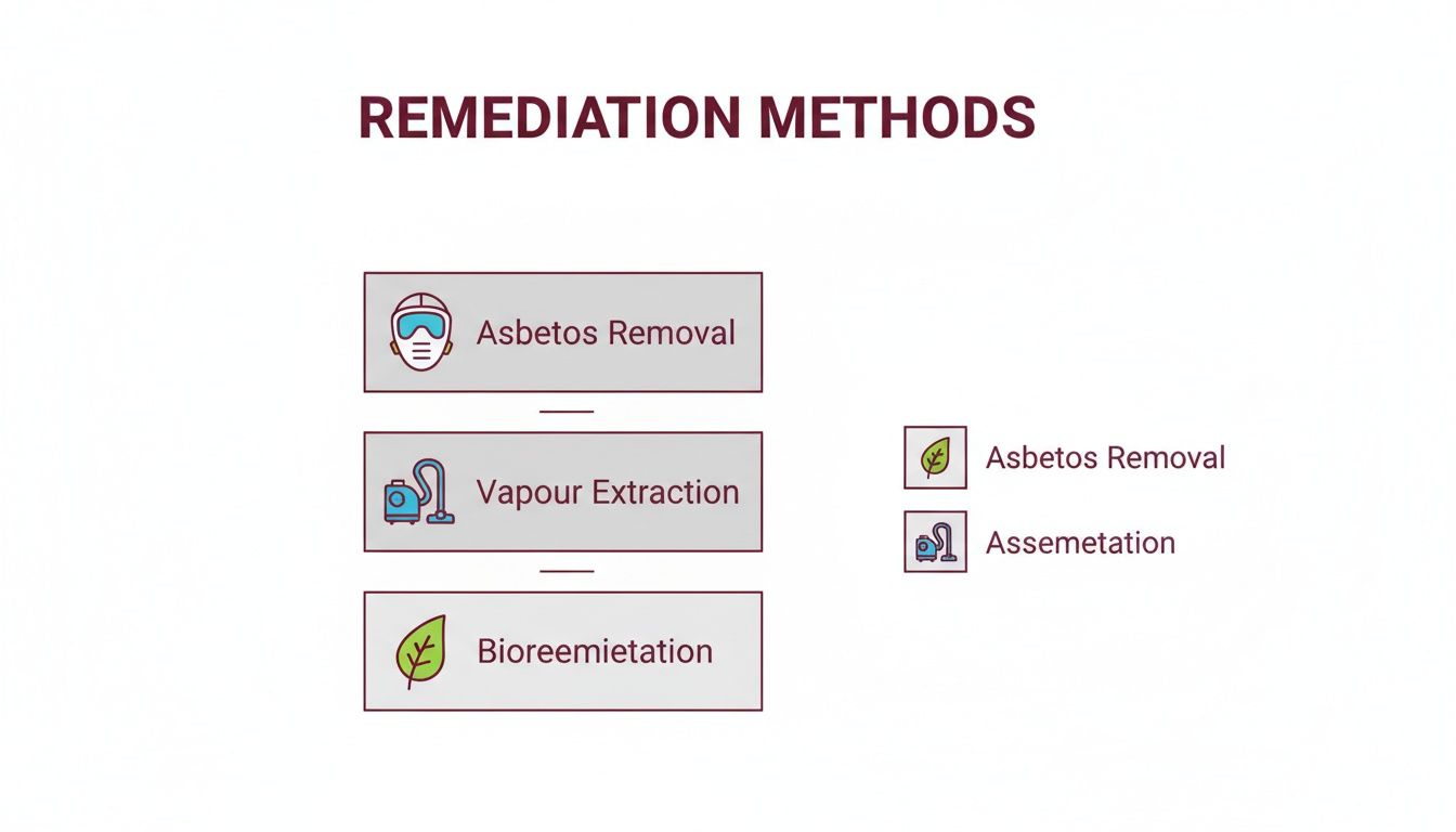 Infographic illustrating remediation methods including asbestos removal, vapor extraction, and bioremediation with icons.