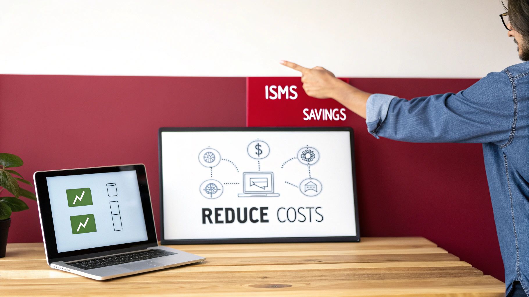 Person pointing at 'ISMS SAVINGS' sign, above 'REDUCE COSTS' whiteboard and laptop.