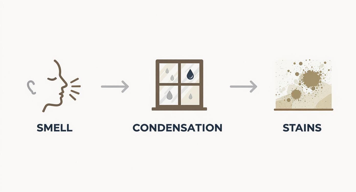 Sequence: smell leads to window condensation, which then results in wall stains, indicating moisture problems.