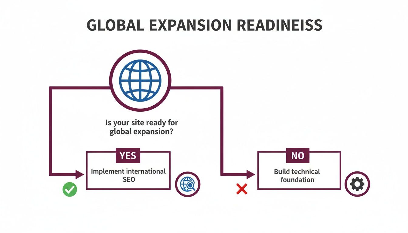 Flowchart guiding global expansion readiness: yes to international SEO, no to building a technical foundation.