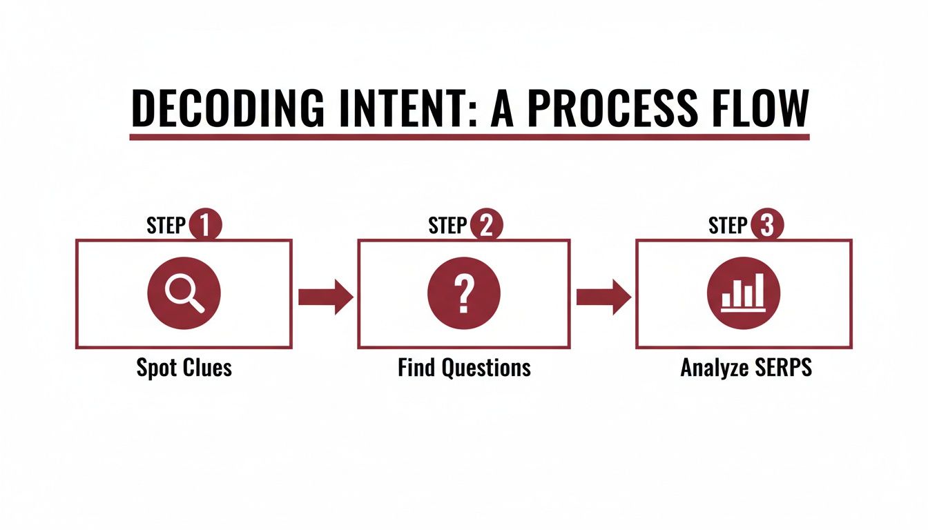 A three-step process flow diagram illustrating how to decode intent by spotting clues, finding questions, and analyzing SERPs.