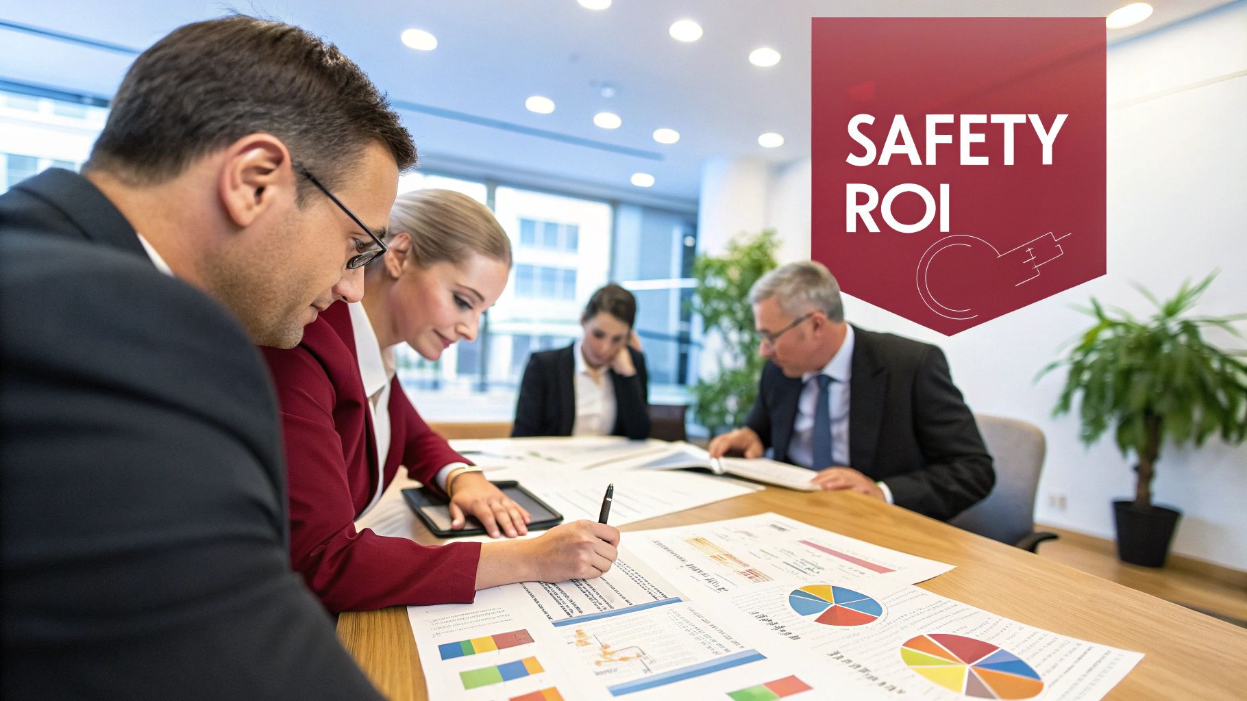 A professional discussing a graph showing positive business trends with colleagues.