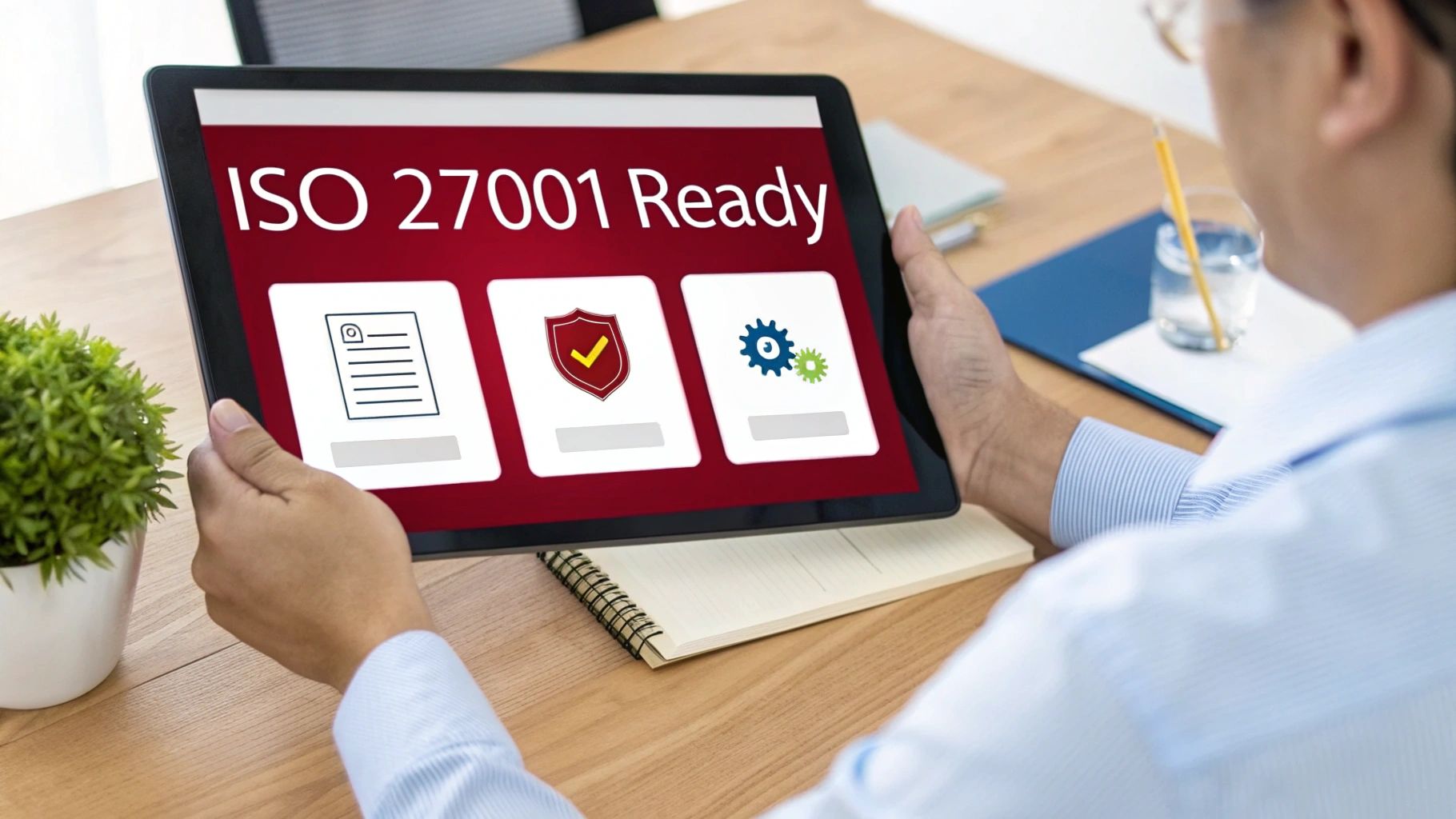 Man holds tablet displaying 'ISO 27001 Ready' for information security governance and compliance.