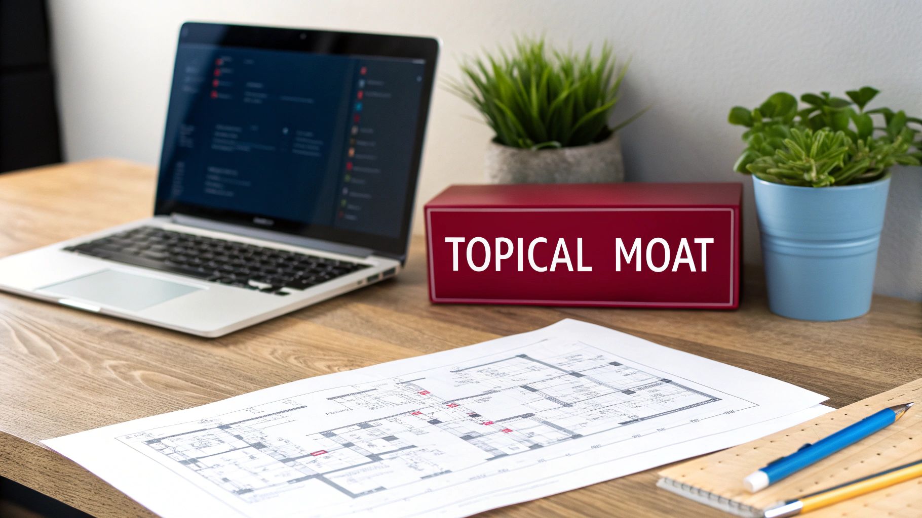 A well-organized desk setup with a laptop, architectural blueprints, 'TOPICAL MOAT' box, and potted plants.