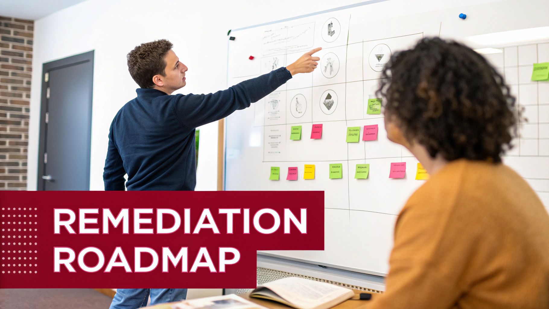 A man points at a whiteboard with project diagrams and colorful sticky notes, explaining a remediation roadmap to a colleague.