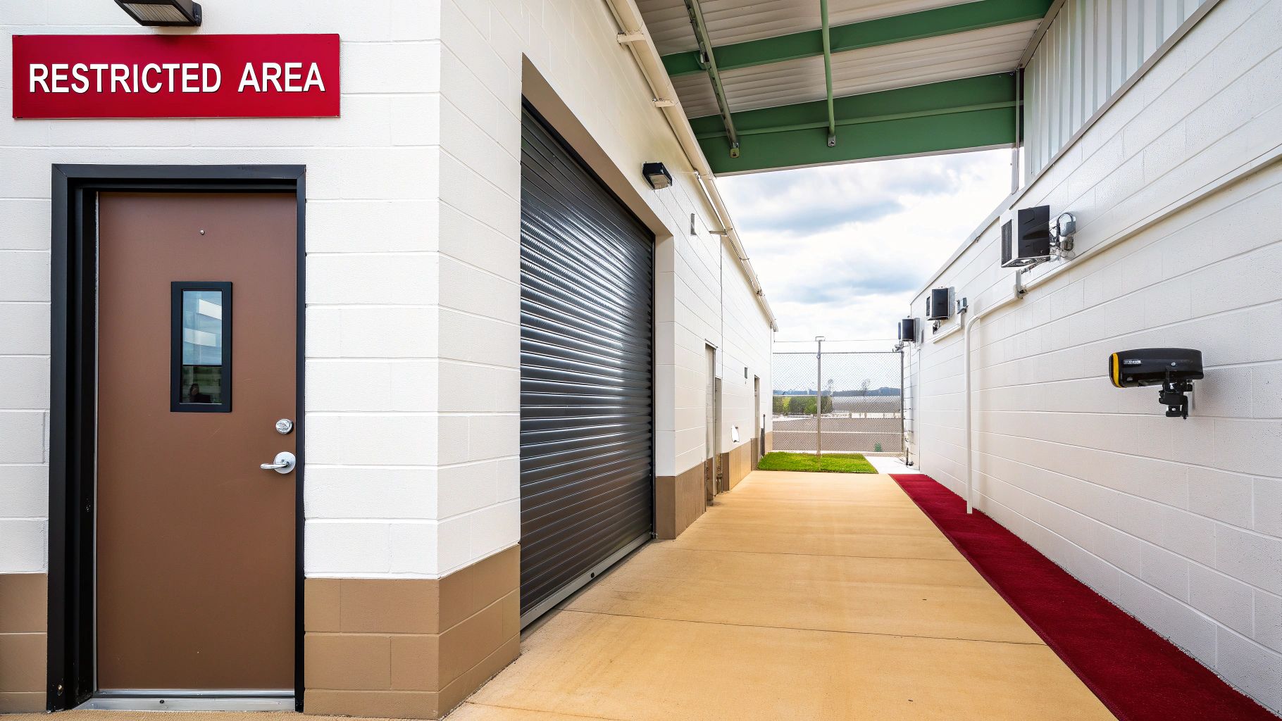A secure building entrance with a 'RESTRICTED AREA' sign, brown door, and security cameras.