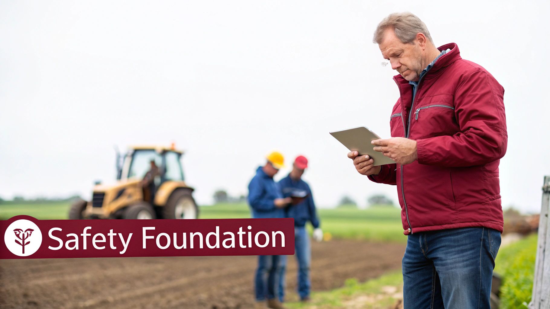Farmer using a tablet in a field, with a tractor and workers, promoting Safety Foundation.