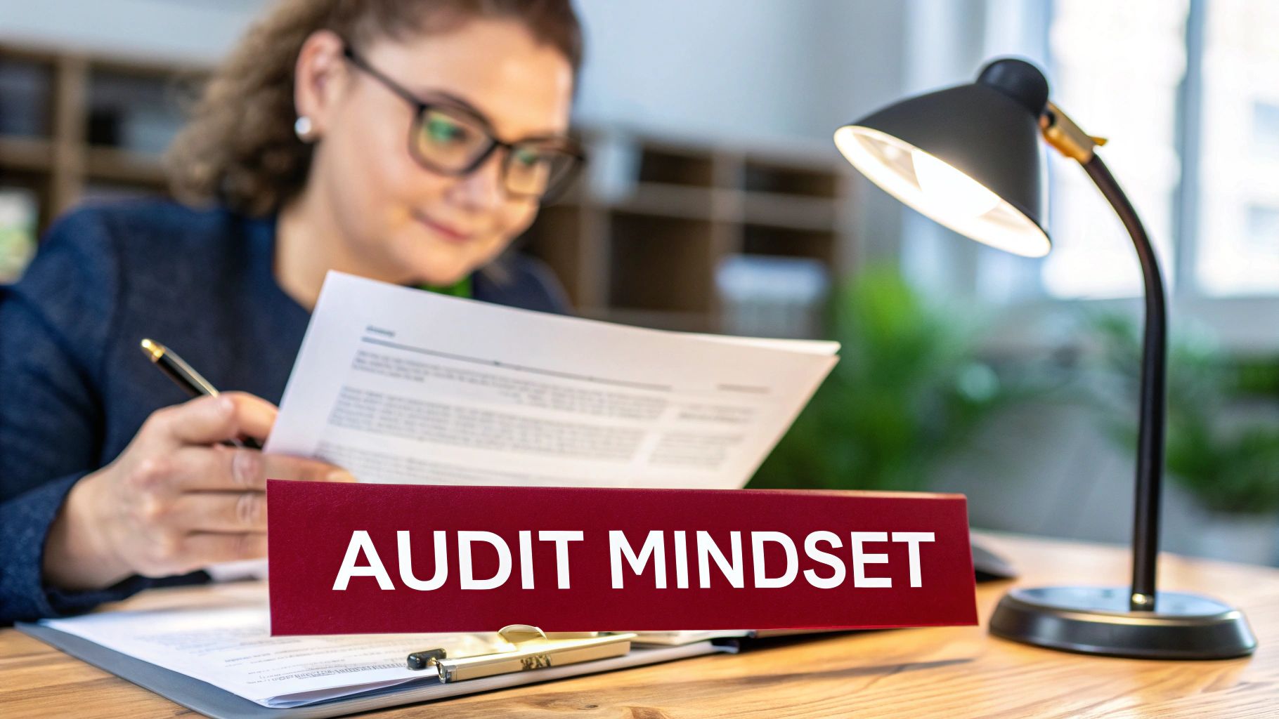 An auditor carefully reviewing documents with a magnifying glass, symbolising the detailed scrutiny of an ISO 27001 audit.