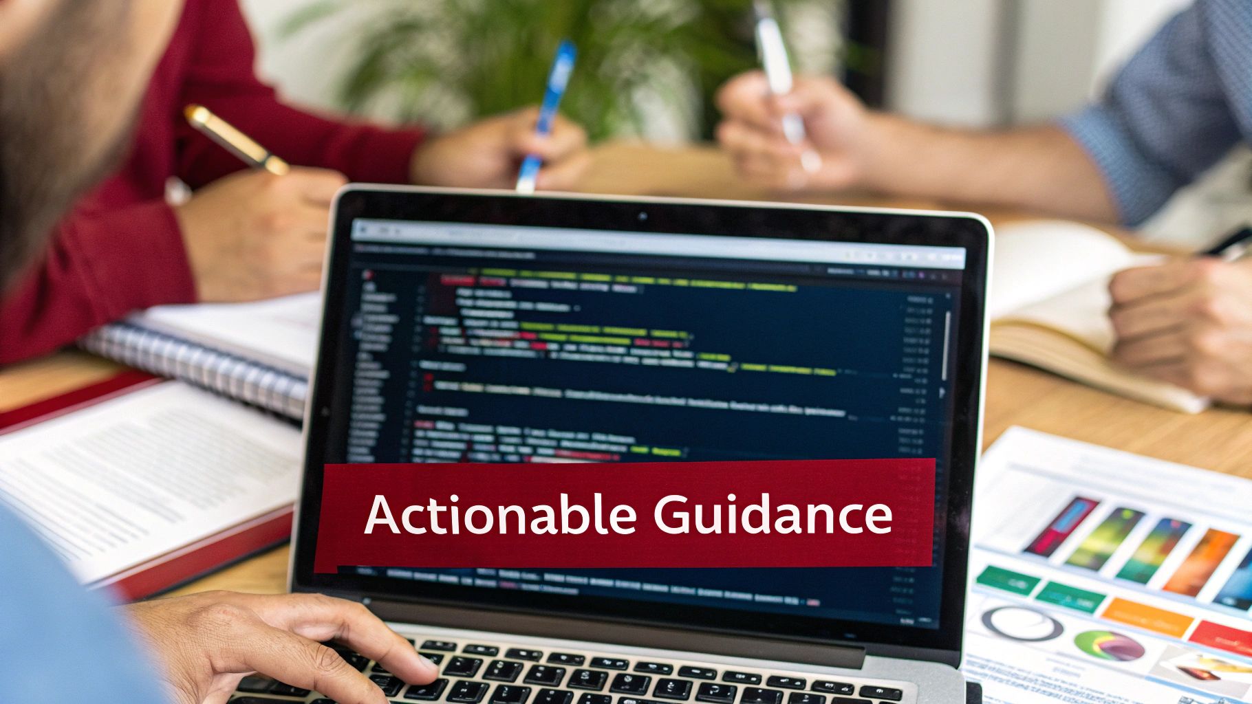 A person types on a laptop displaying code and 'Actionable Guidance' during a team meeting.