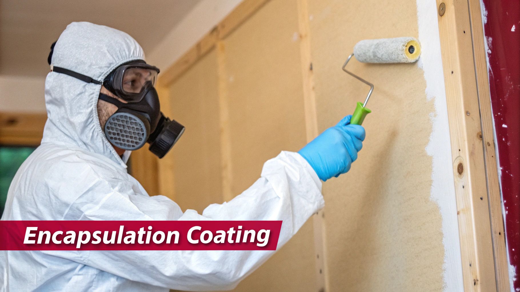 Person in protective suit, goggles, and respirator applying an encapsulation coating to a wall with a paint roller.