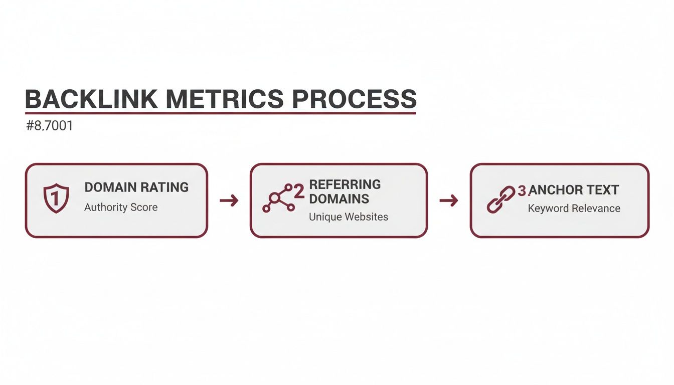 Flowchart illustrating the backlink metrics process, detailing domain rating, referring domains, and anchor text.