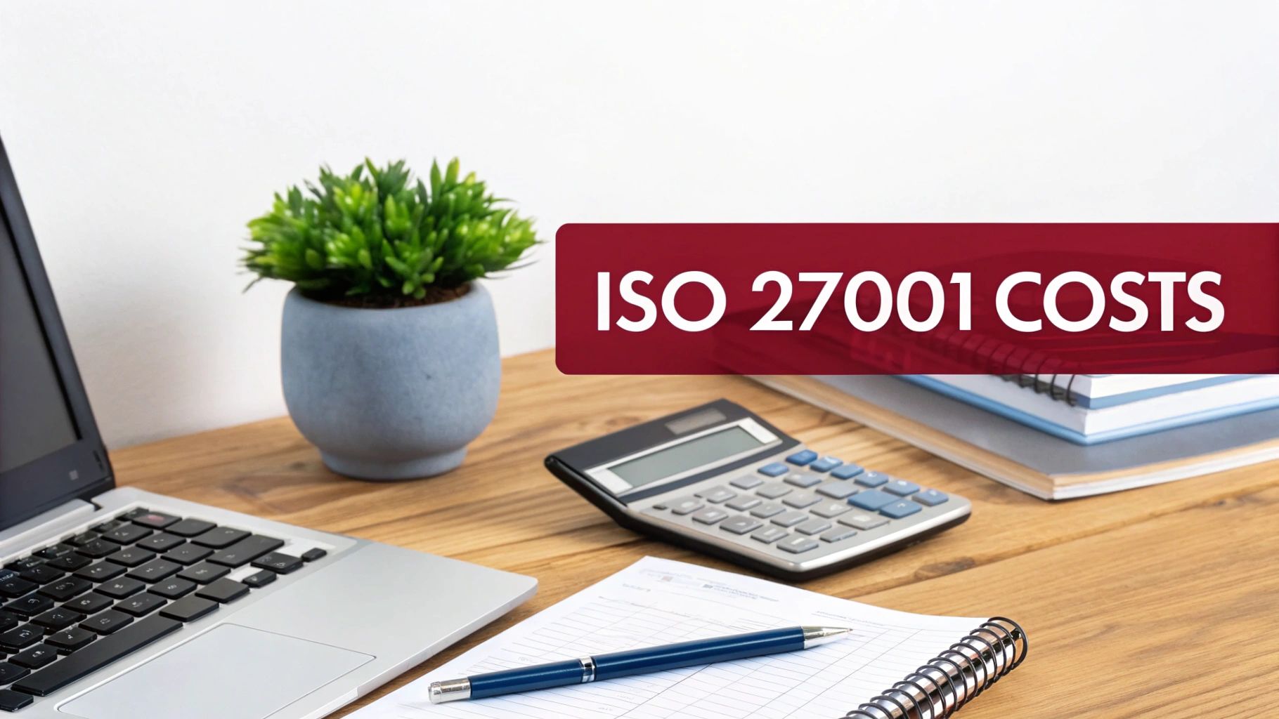 A desk with a laptop, calculator, notebooks, and a plant, representing the costs and price of ISO 27001 certification.