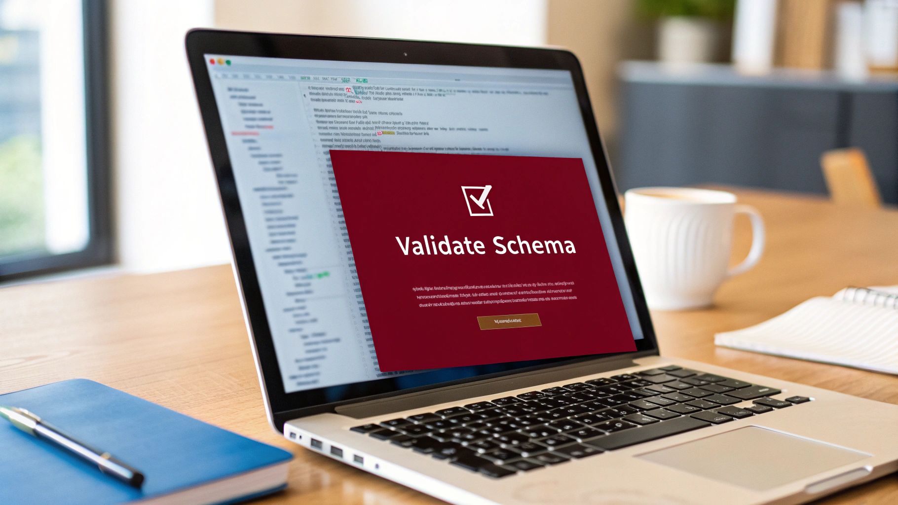 A laptop screen displaying a red 'Validate Schema' pop-up with a checkmark, on a wooden desk.